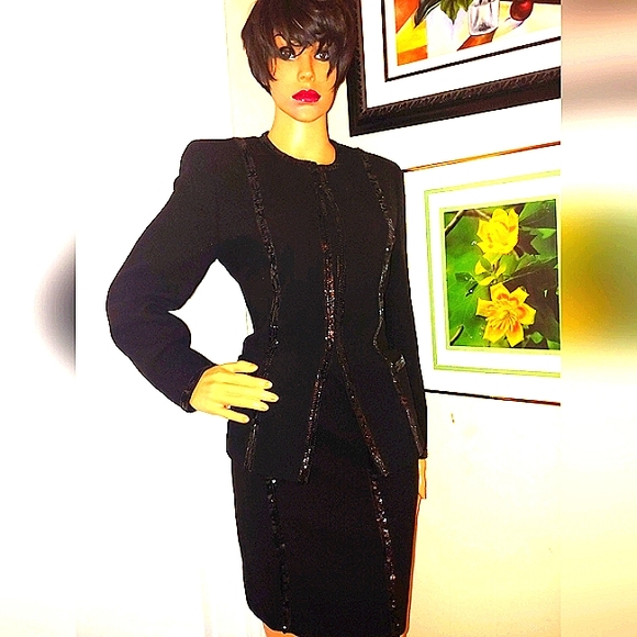 LOUIS FERAUD/ ESCADA 38 8 COUTURE WOOL SEQUINS TAILORED SHORT SKIRT SUIT - Picture 14 of 16